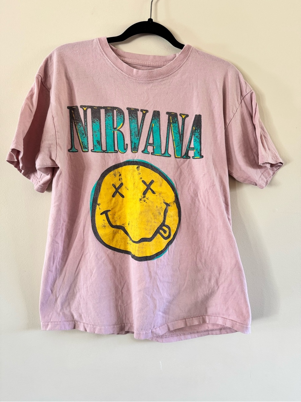 NIRVANA Pink Womens’ Graphic Tee with Yellow Smiley